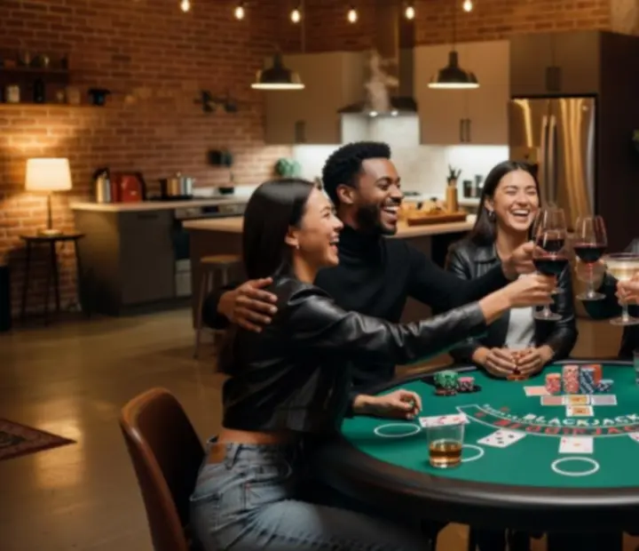Baráti társaság Blackjack asztalnál egy hangulatos kaszinóétteremben