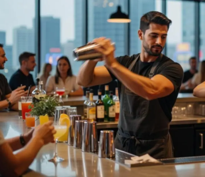 Bartenderek munka közben a Localkitchenn bárpultjánál, signature italokat készítve