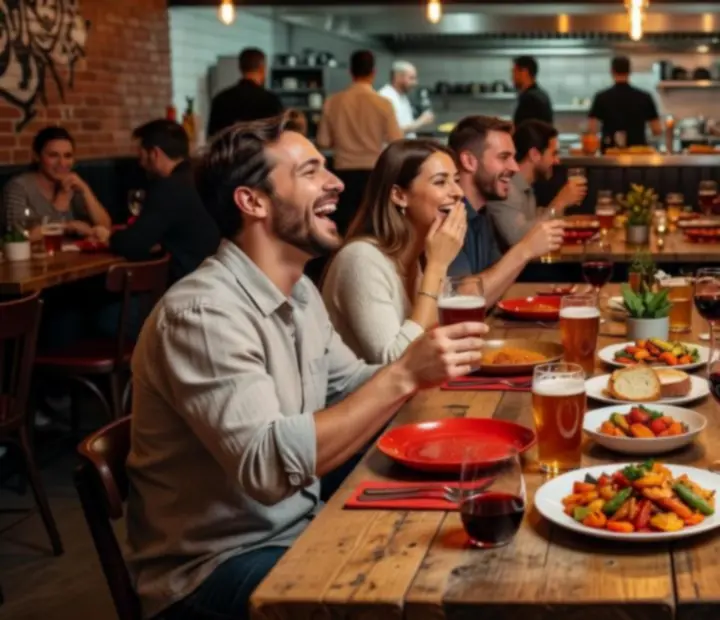 Baráti társaság közös asztalnál, megosztható fogásokkal a Localkitchennben