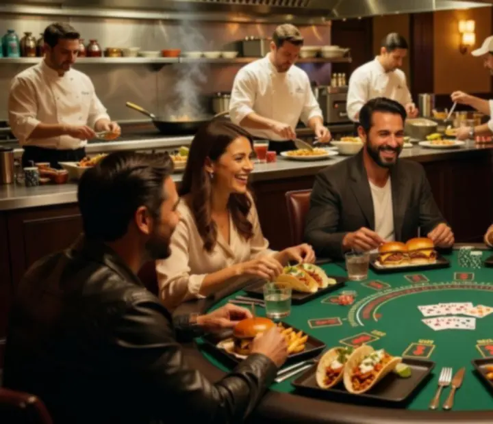 Falatolós signature ételek egy Blackjack asztal mellett