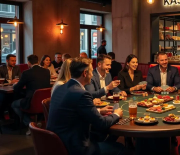 Pókerasztal a Localkitchenn nyitott konyhája mellett, laza baráti társasággal