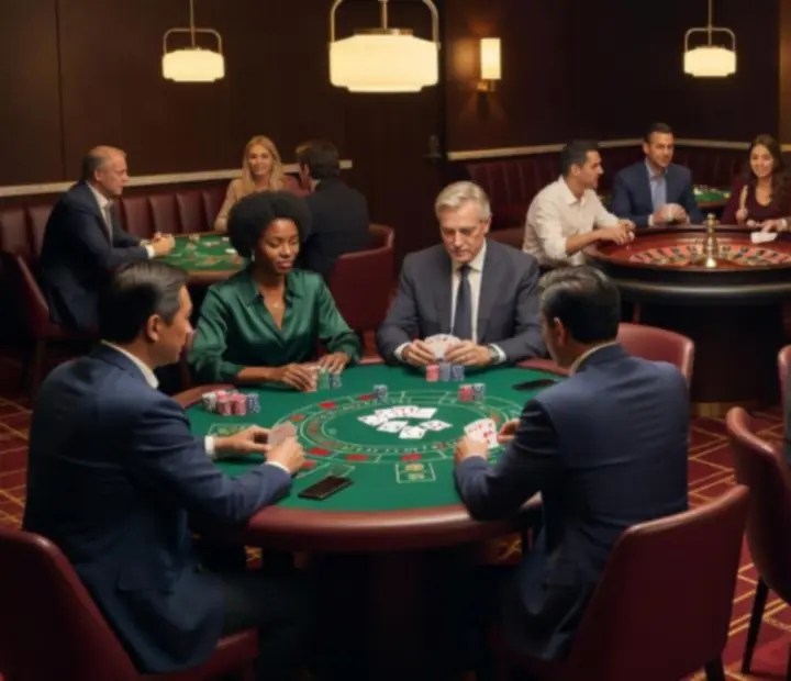 Poker, rulett és blackjack asztalok a kaszinóban, baráti társaságokkal a háttérben.
