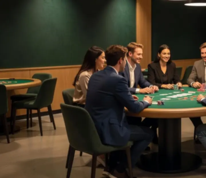 Poker és rulett asztalok hangulatos kaszinótérben