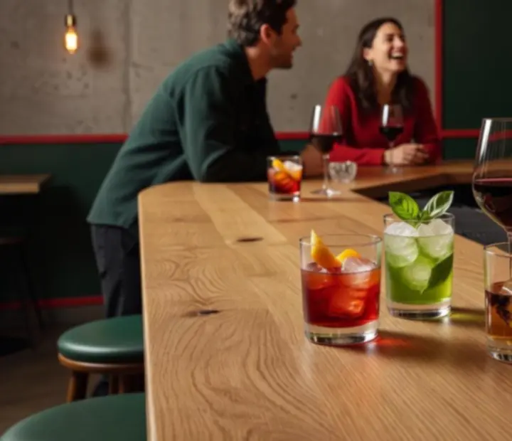 Signature koktélok közelről, háttérben roulette hangulattal a Localkitchenn bárjában