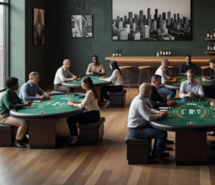 Nyitott kaszinótér Blackjack asztalokkal és városi enteriőrrel